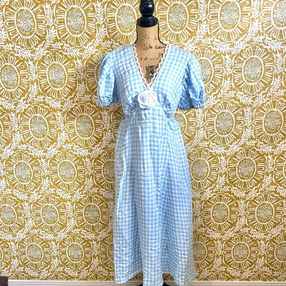 NWT SLEEPER The Genus Rosa Linen Blend Gingham Midi Dress in Blue Vichy Sz XL - Picture 6 of 15